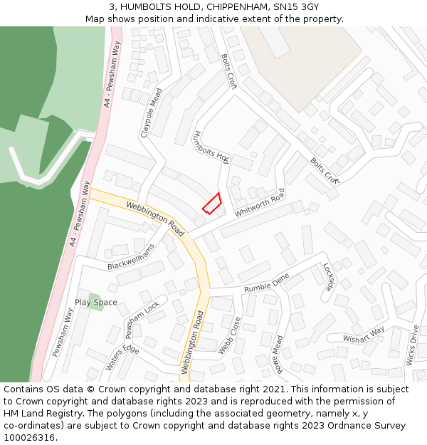 3, HUMBOLTS HOLD, CHIPPENHAM, SN15 3GY: Location map and indicative extent of plot