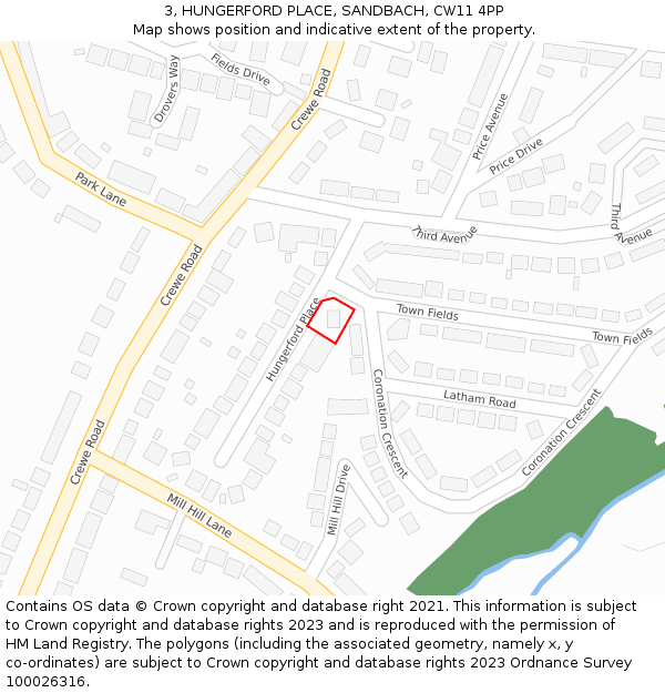 3, HUNGERFORD PLACE, SANDBACH, CW11 4PP: Location map and indicative extent of plot