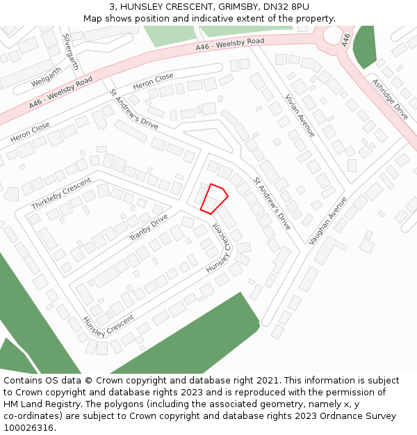 3, HUNSLEY CRESCENT, GRIMSBY, DN32 8PU: Location map and indicative extent of plot