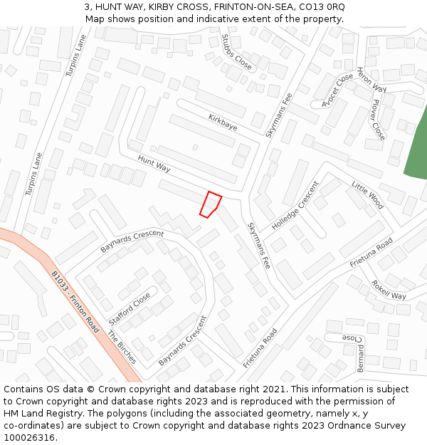 3, HUNT WAY, KIRBY CROSS, FRINTON-ON-SEA, CO13 0RQ: Location map and indicative extent of plot