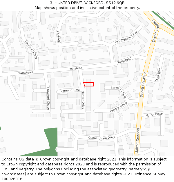 3, HUNTER DRIVE, WICKFORD, SS12 9QR: Location map and indicative extent of plot