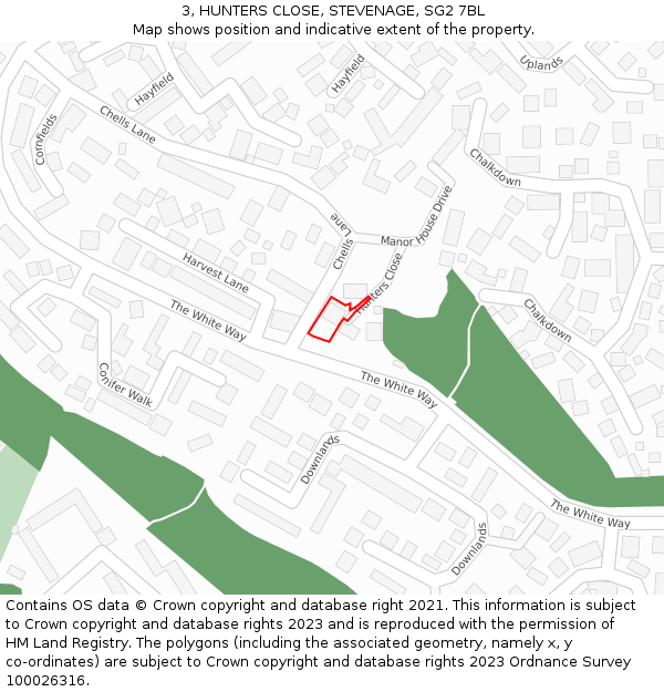 3, HUNTERS CLOSE, STEVENAGE, SG2 7BL: Location map and indicative extent of plot