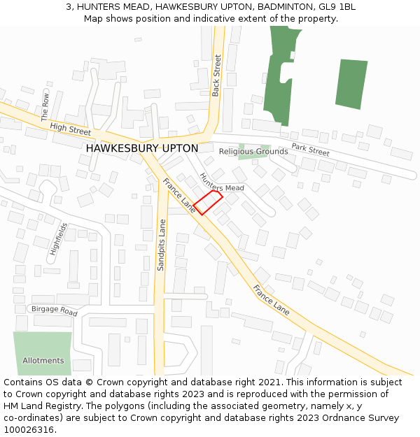 3, HUNTERS MEAD, HAWKESBURY UPTON, BADMINTON, GL9 1BL: Location map and indicative extent of plot