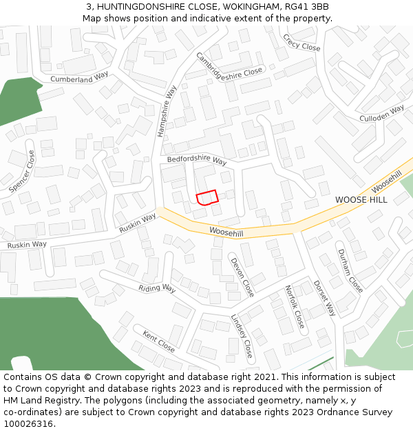 3, HUNTINGDONSHIRE CLOSE, WOKINGHAM, RG41 3BB: Location map and indicative extent of plot