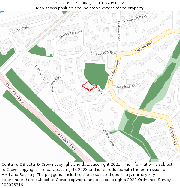 3, HURSLEY DRIVE, FLEET, GU51 1AS: Location map and indicative extent of plot