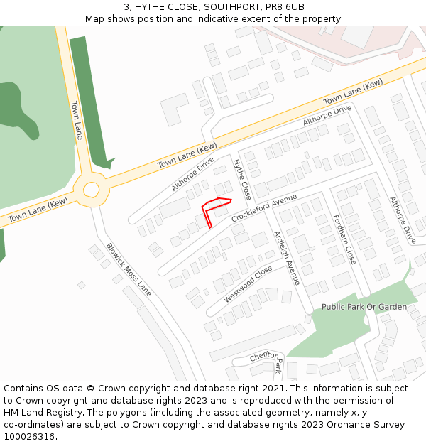 3, HYTHE CLOSE, SOUTHPORT, PR8 6UB: Location map and indicative extent of plot