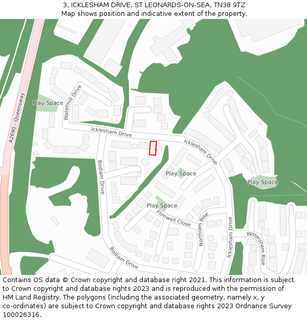 3, ICKLESHAM DRIVE, ST LEONARDS-ON-SEA, TN38 9TZ: Location map and indicative extent of plot