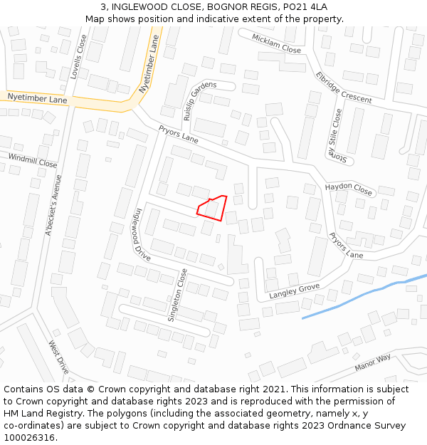 3, INGLEWOOD CLOSE, BOGNOR REGIS, PO21 4LA: Location map and indicative extent of plot