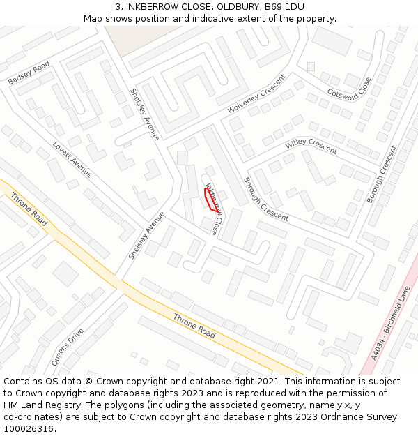 3, INKBERROW CLOSE, OLDBURY, B69 1DU: Location map and indicative extent of plot