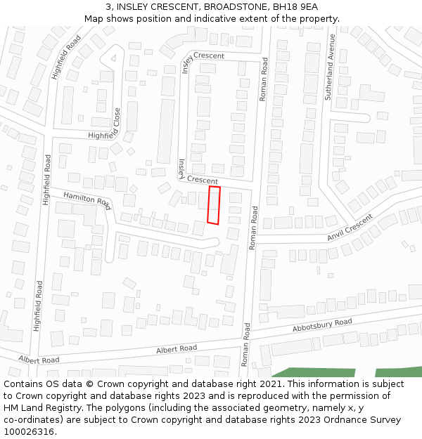 3, INSLEY CRESCENT, BROADSTONE, BH18 9EA: Location map and indicative extent of plot