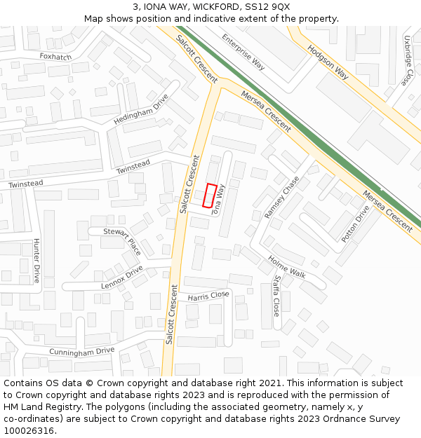 3, IONA WAY, WICKFORD, SS12 9QX: Location map and indicative extent of plot