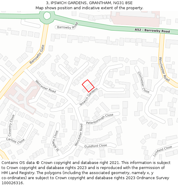 3, IPSWICH GARDENS, GRANTHAM, NG31 8SE: Location map and indicative extent of plot