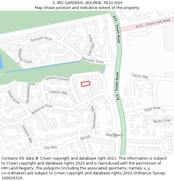 3, IRIS GARDENS, BOURNE, PE10 0GH: Location map and indicative extent of plot