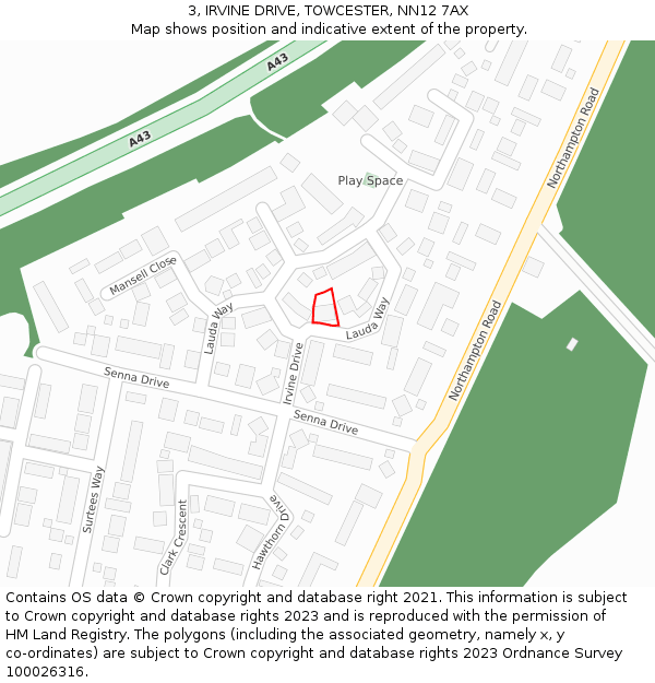 3, IRVINE DRIVE, TOWCESTER, NN12 7AX: Location map and indicative extent of plot