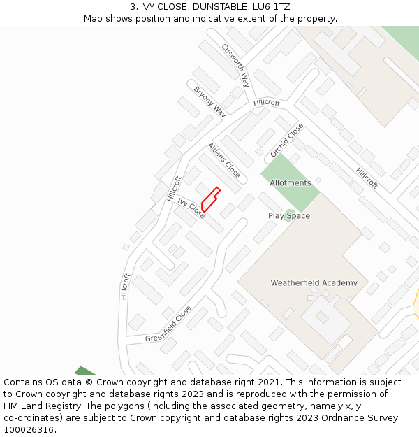 3, IVY CLOSE, DUNSTABLE, LU6 1TZ: Location map and indicative extent of plot