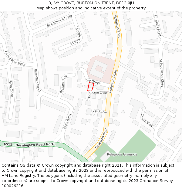 3, IVY GROVE, BURTON-ON-TRENT, DE13 0JU: Location map and indicative extent of plot