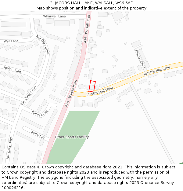 3, JACOBS HALL LANE, WALSALL, WS6 6AD: Location map and indicative extent of plot