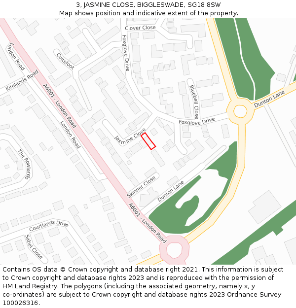 3, JASMINE CLOSE, BIGGLESWADE, SG18 8SW: Location map and indicative extent of plot