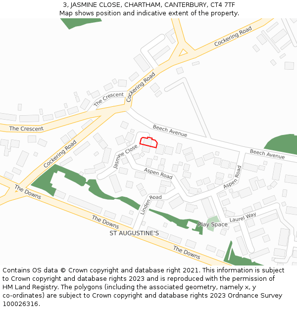 3, JASMINE CLOSE, CHARTHAM, CANTERBURY, CT4 7TF: Location map and indicative extent of plot