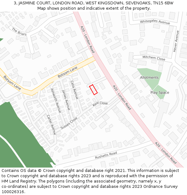 3, JASMINE COURT, LONDON ROAD, WEST KINGSDOWN, SEVENOAKS, TN15 6BW: Location map and indicative extent of plot