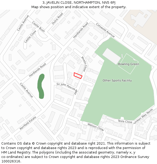 3, JAVELIN CLOSE, NORTHAMPTON, NN5 6PJ: Location map and indicative extent of plot