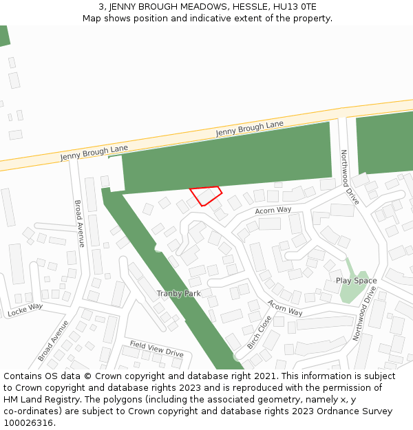 3, JENNY BROUGH MEADOWS, HESSLE, HU13 0TE: Location map and indicative extent of plot