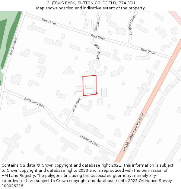 3, JERVIS PARK, SUTTON COLDFIELD, B74 3FH: Location map and indicative extent of plot