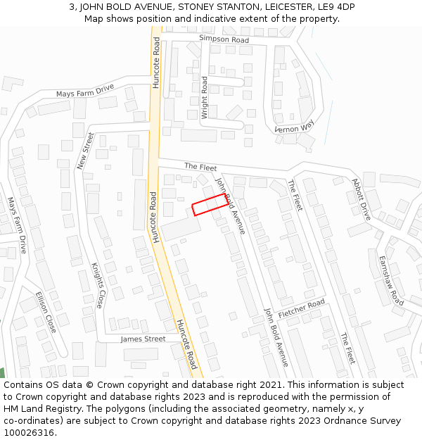 3, JOHN BOLD AVENUE, STONEY STANTON, LEICESTER, LE9 4DP: Location map and indicative extent of plot