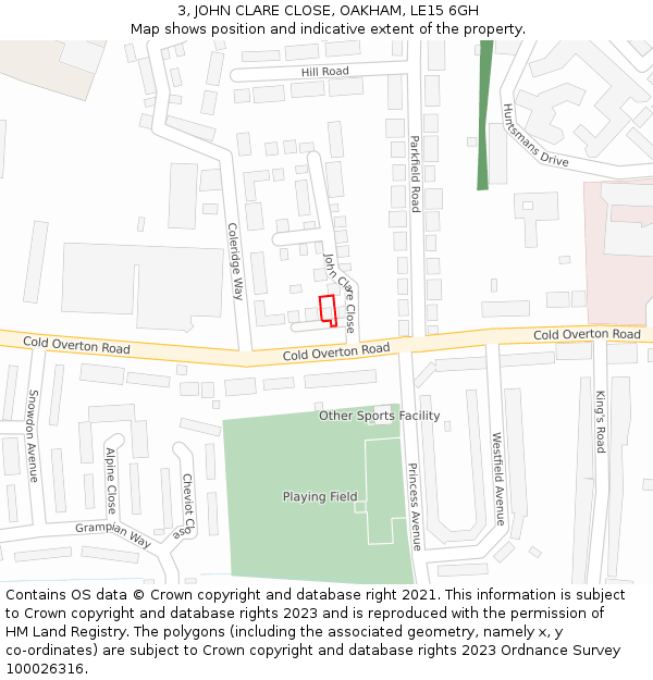 3, JOHN CLARE CLOSE, OAKHAM, LE15 6GH: Location map and indicative extent of plot