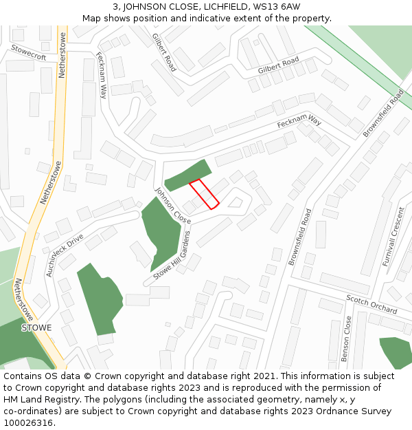 3, JOHNSON CLOSE, LICHFIELD, WS13 6AW: Location map and indicative extent of plot