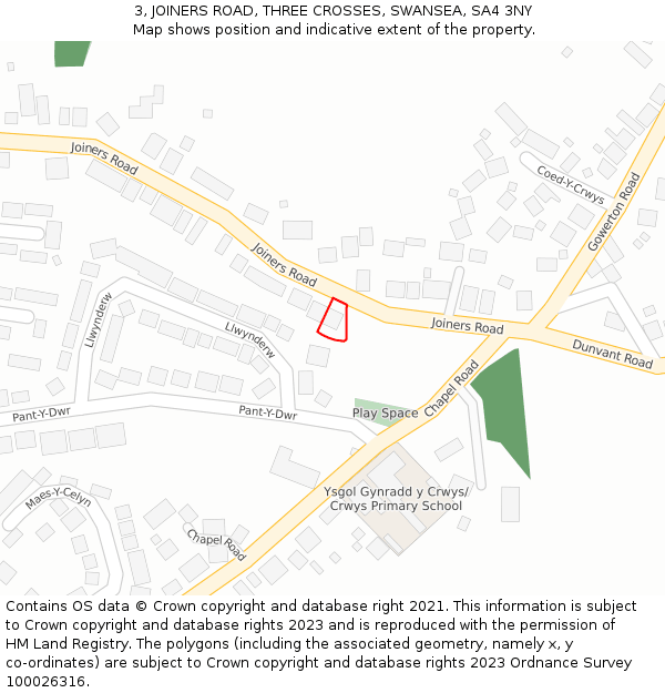 3, JOINERS ROAD, THREE CROSSES, SWANSEA, SA4 3NY: Location map and indicative extent of plot