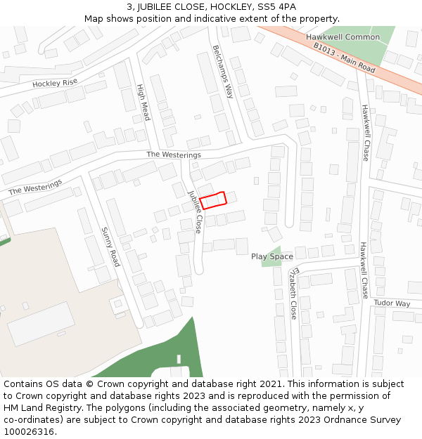 3, JUBILEE CLOSE, HOCKLEY, SS5 4PA: Location map and indicative extent of plot