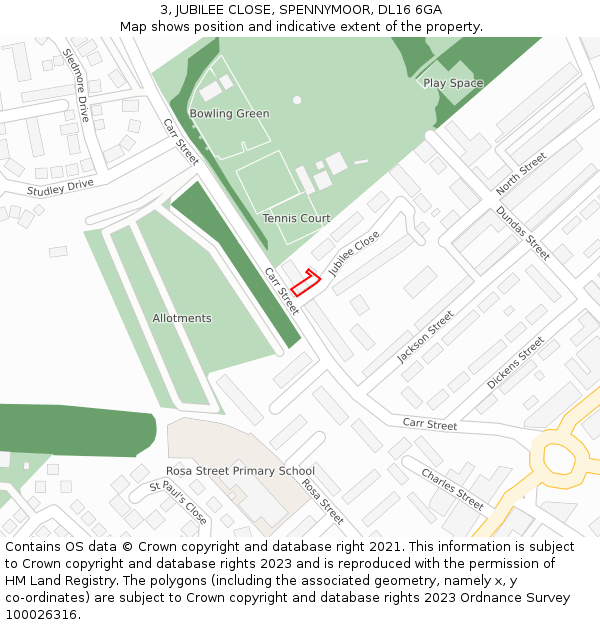 3, JUBILEE CLOSE, SPENNYMOOR, DL16 6GA: Location map and indicative extent of plot