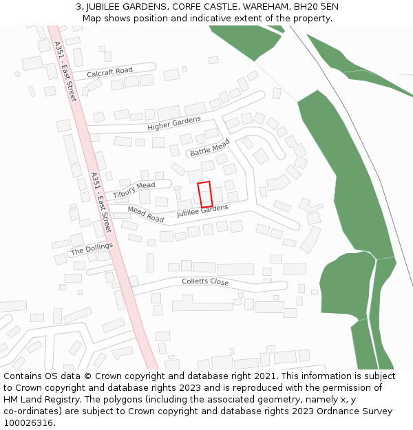 3, JUBILEE GARDENS, CORFE CASTLE, WAREHAM, BH20 5EN: Location map and indicative extent of plot