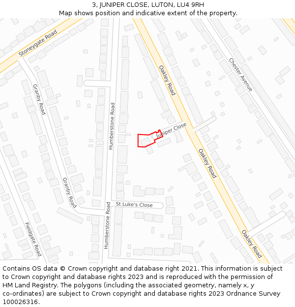 3, JUNIPER CLOSE, LUTON, LU4 9RH: Location map and indicative extent of plot