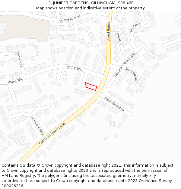 3, JUNIPER GARDENS, GILLINGHAM, SP8 4RF: Location map and indicative extent of plot