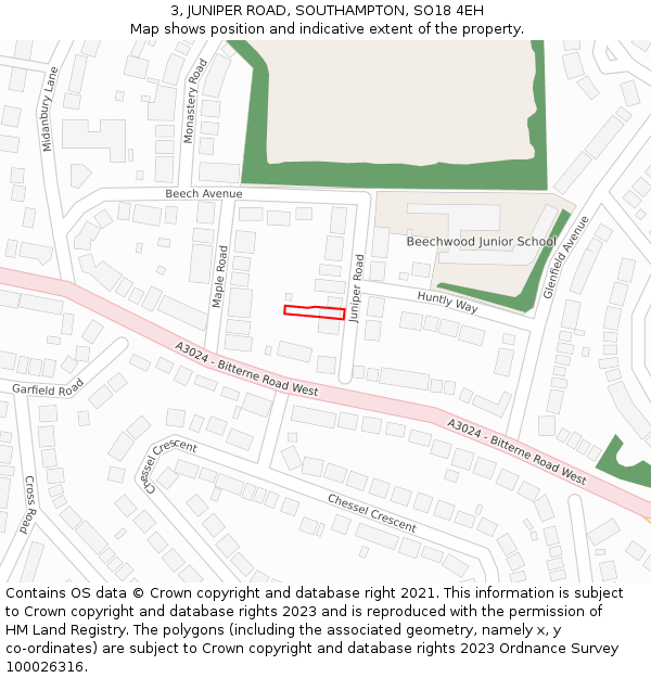 3, JUNIPER ROAD, SOUTHAMPTON, SO18 4EH: Location map and indicative extent of plot