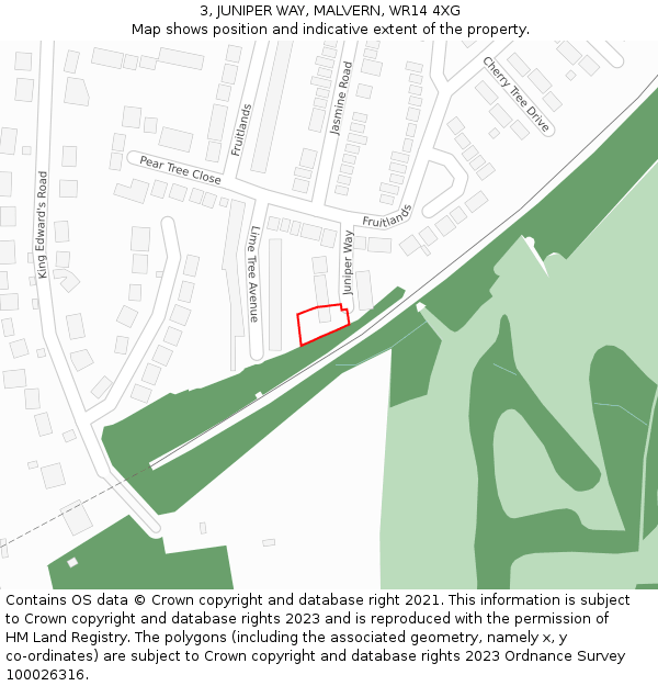 3, JUNIPER WAY, MALVERN, WR14 4XG: Location map and indicative extent of plot