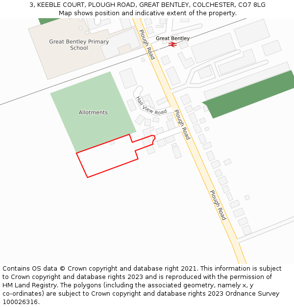 3, KEEBLE COURT, PLOUGH ROAD, GREAT BENTLEY, COLCHESTER, CO7 8LG: Location map and indicative extent of plot