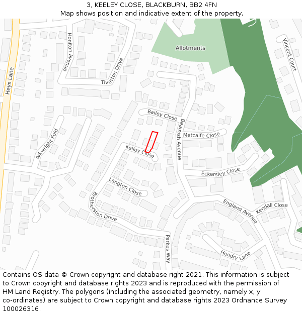 3, KEELEY CLOSE, BLACKBURN, BB2 4FN: Location map and indicative extent of plot