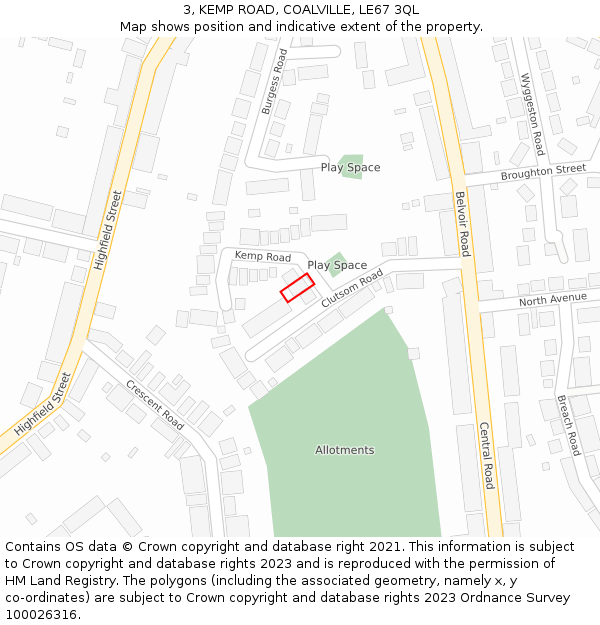 3, KEMP ROAD, COALVILLE, LE67 3QL: Location map and indicative extent of plot