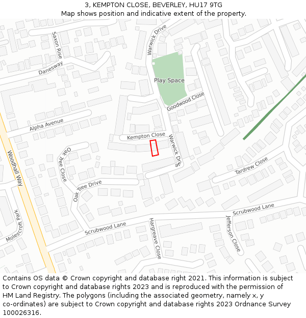 3, KEMPTON CLOSE, BEVERLEY, HU17 9TG: Location map and indicative extent of plot