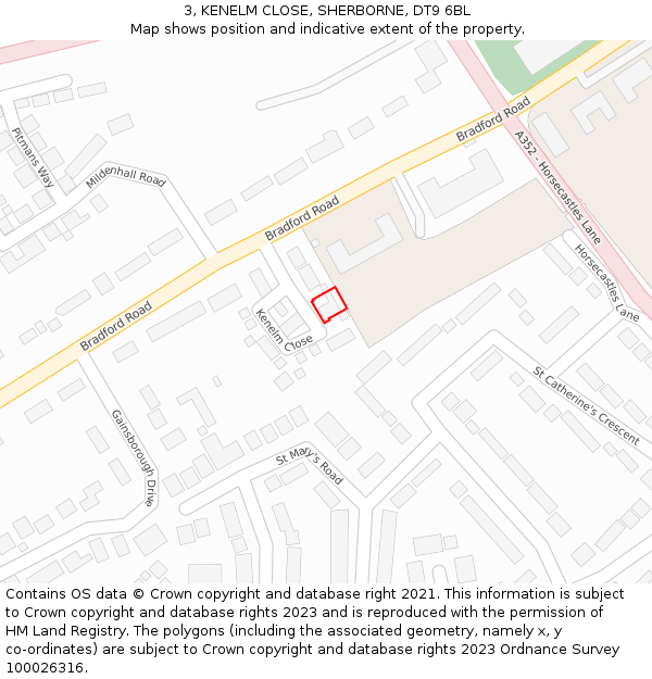 3, KENELM CLOSE, SHERBORNE, DT9 6BL: Location map and indicative extent of plot