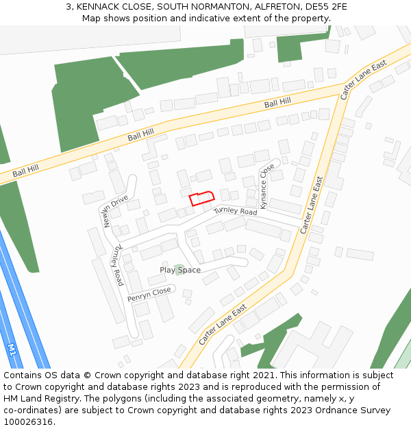 3, KENNACK CLOSE, SOUTH NORMANTON, ALFRETON, DE55 2FE: Location map and indicative extent of plot