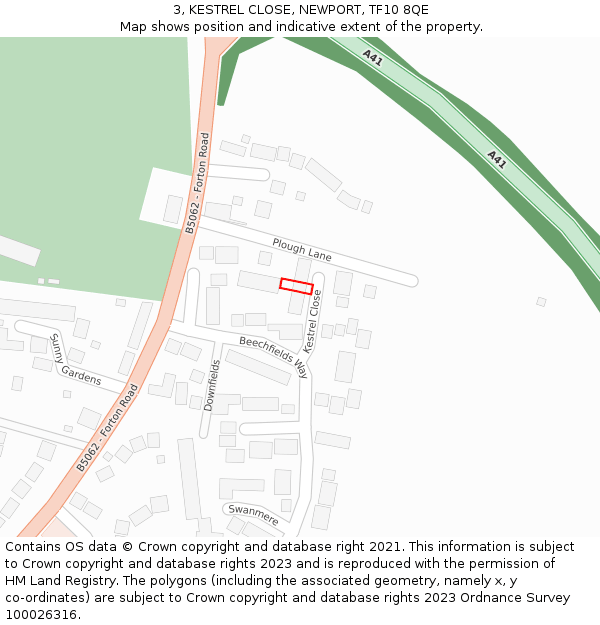 3, KESTREL CLOSE, NEWPORT, TF10 8QE: Location map and indicative extent of plot