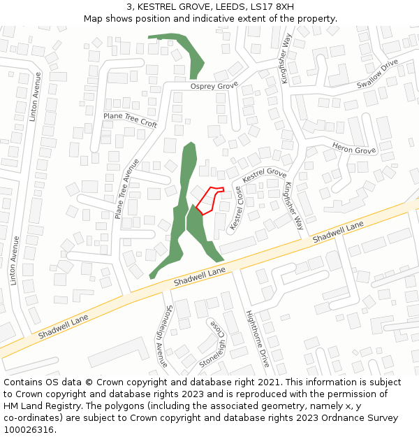 3, KESTREL GROVE, LEEDS, LS17 8XH: Location map and indicative extent of plot