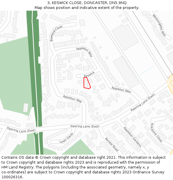 3, KESWICK CLOSE, DONCASTER, DN5 9NQ: Location map and indicative extent of plot