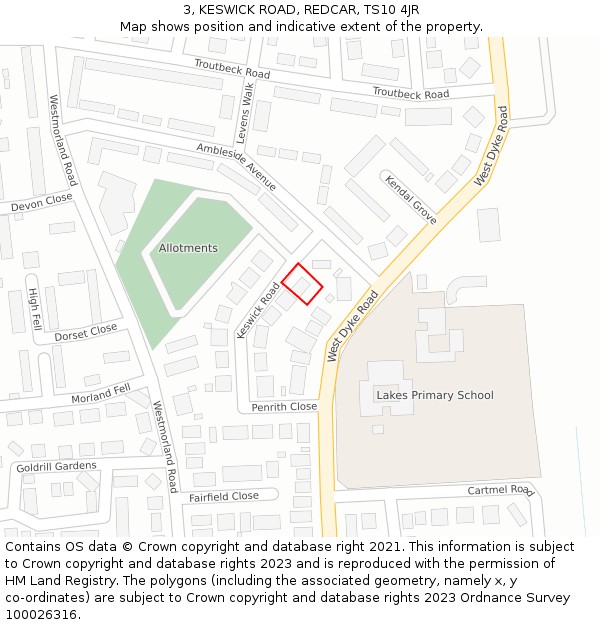 3, KESWICK ROAD, REDCAR, TS10 4JR: Location map and indicative extent of plot