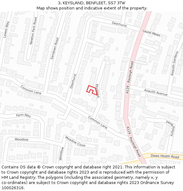 3, KEYSLAND, BENFLEET, SS7 3TW: Location map and indicative extent of plot