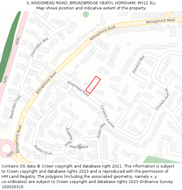 3, KINGSMEAD ROAD, BROADBRIDGE HEATH, HORSHAM, RH12 3LL: Location map and indicative extent of plot